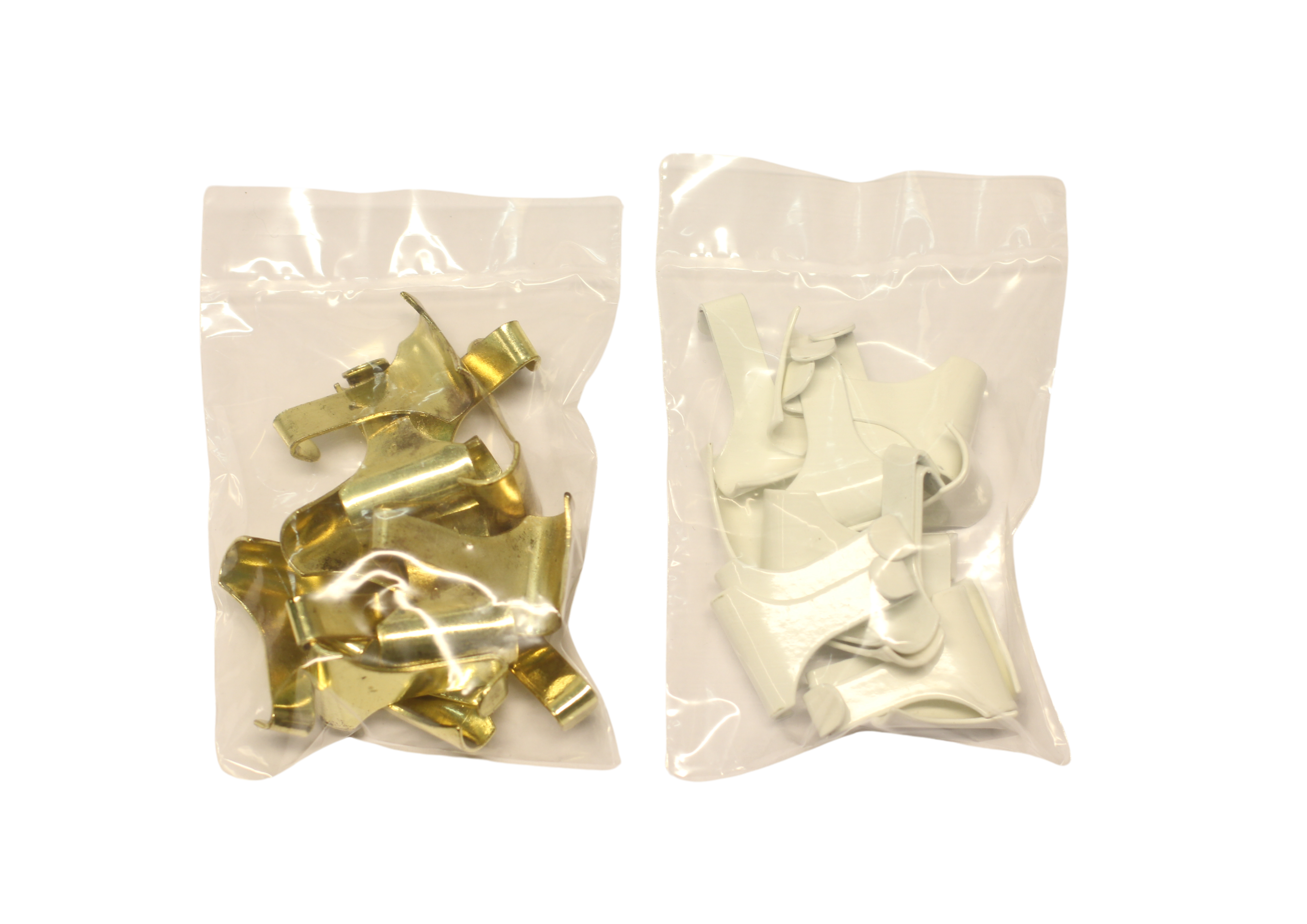 Tavellistkrok Storpack 15st in two clear bags, gold and white hooks.