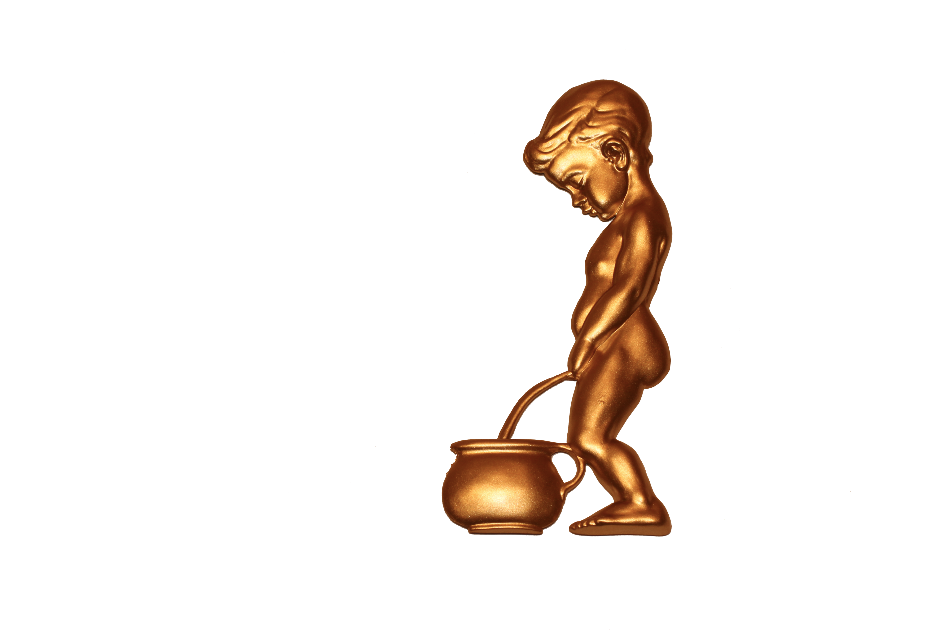 Golden "Toalettskylt" sculpture of a boy peeing into a pot.